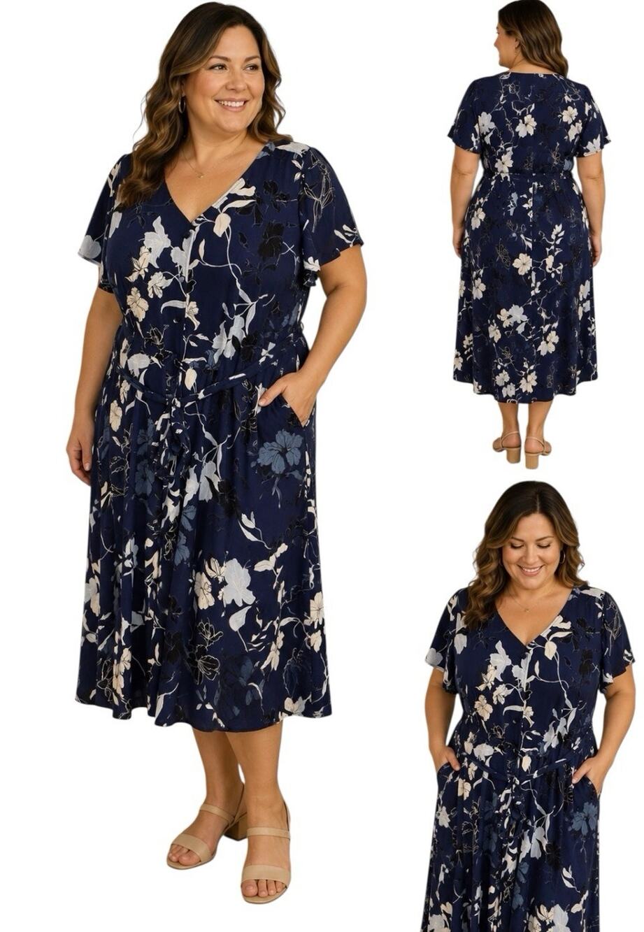 Talbots Plus Size 14W Navy Blue Floral Belt Dress Midi NEW NWT